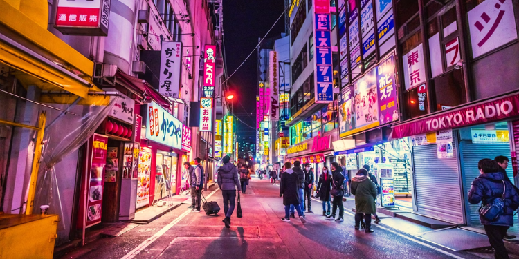 neon lit street in japan